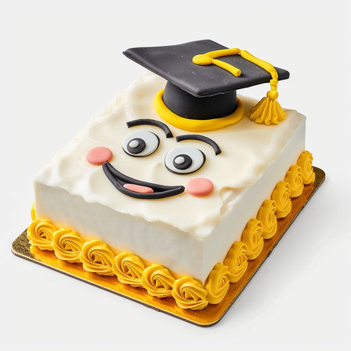 White rectangle cake with yellow edges and graduation emoji