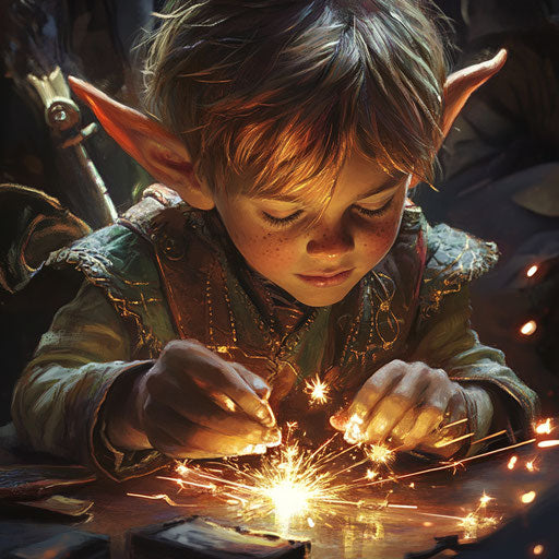 Young elf casting spells, sparks flying from fingertips