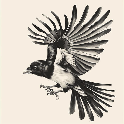 Dynamic flat tattoo sketch of a magpie swooping down with extended wings