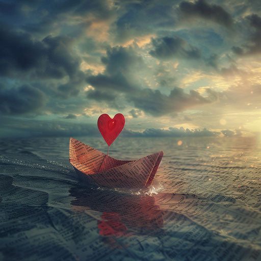 Paper boat with heart-shaped sail on ocean of love-related words