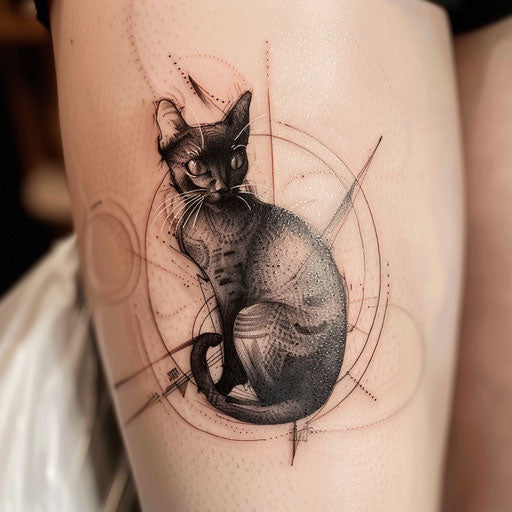 Black cat tattoo blended with surreal abstract elements