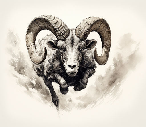 A ram with horns flying, ink wash style