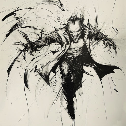 Dynamic flat tattoo sketch of a vampire in speedy motion