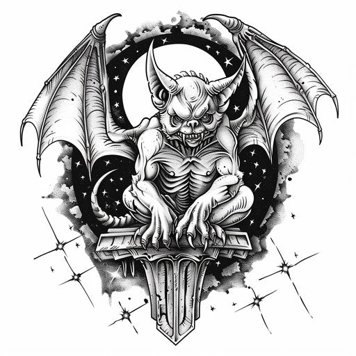 Mystical clipart flat tattoo sketch of gargoyle with starry night background