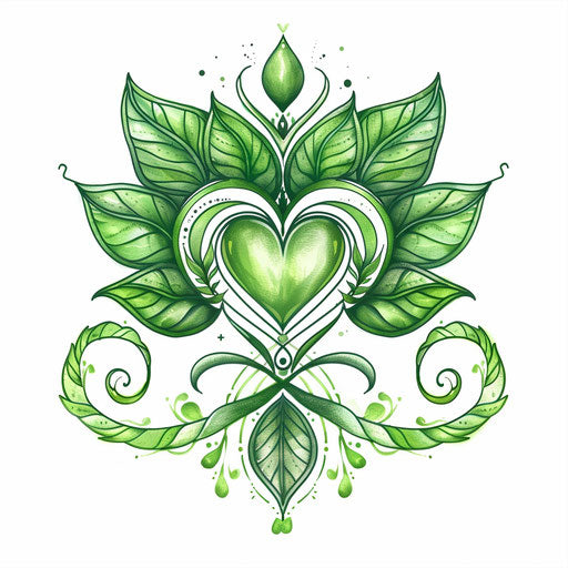 Heart Chakra tattoo design, detailed green leaf and heart shapes intertwined on white background