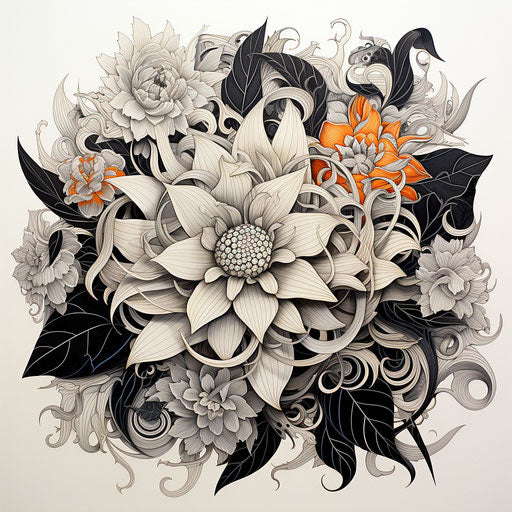 Black and white flower on white background, Jim Woodring style