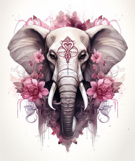 Elephant tattoo with flowers and leaves, silver and magenta