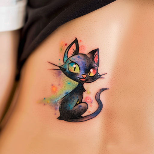 Whimsical black cat tattoo