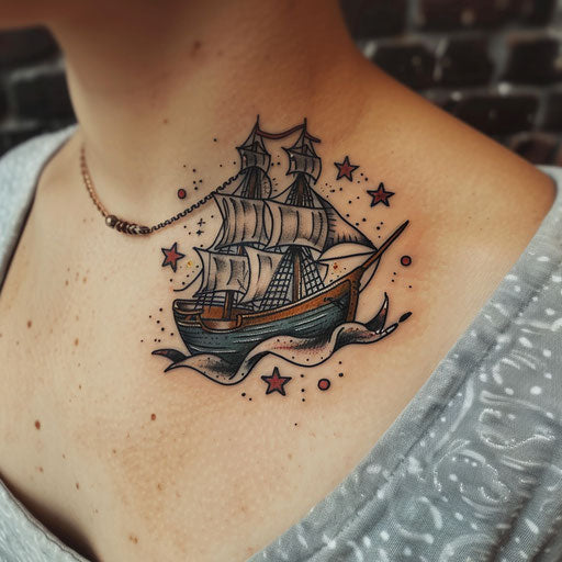 Classic nautical-themed collarbone tattoo