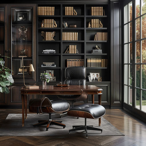 Sophisticated home office with leather chair and bookshelves