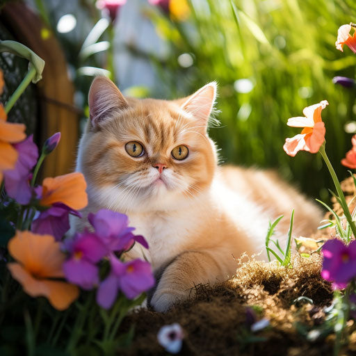 Exotic Shorthair cat in a flower bed with beautiful flowers