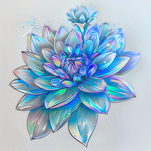 Holographic dahlia tattoo sketch with iridescent effects