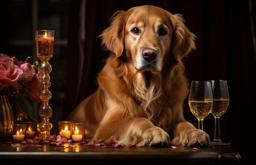 Golden retriever with water glass and treats on table