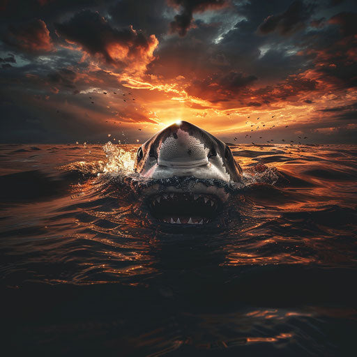 Great white shark emerging from the depths with a dramatic sunset