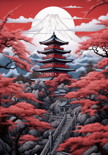 Japanese landscape painting kit, black and white, detailed architecture