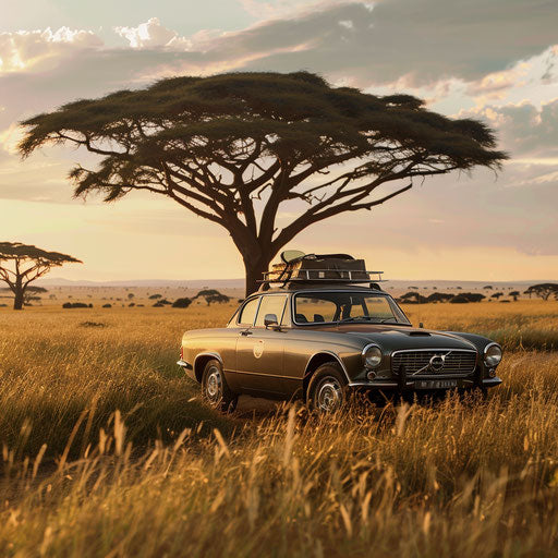 1966 Volvo P1800 safari edition exploring African savannah