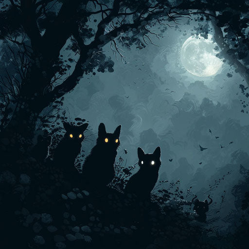 Nocturnal animals with glowing eyes in moonlit night