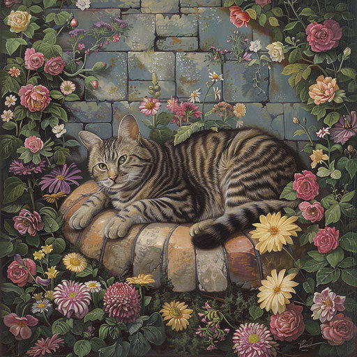 Tortoise cat in a flower bed with beautiful flowers