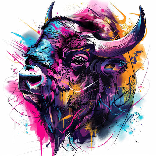 Artistic bison tattoo sketch with neon colors splash