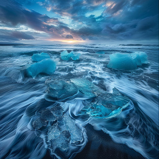 Diamond Beach, Iceland with blue icebergs and waves