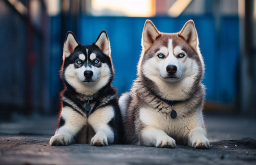 Young huskies on sidewalk, dark blue and light blue style
