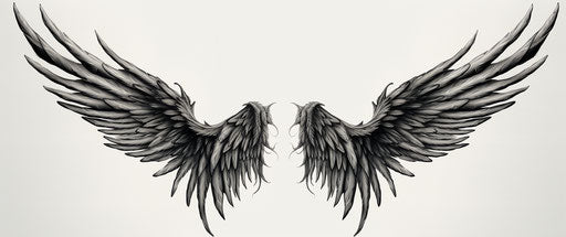 Black and white angel wings tattoo, scientific style