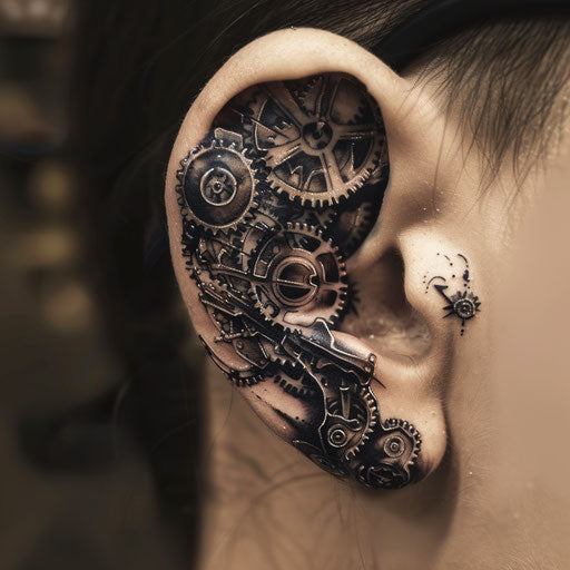 Ear tattoo in the style of Adrian Smith featuring mechanical gears