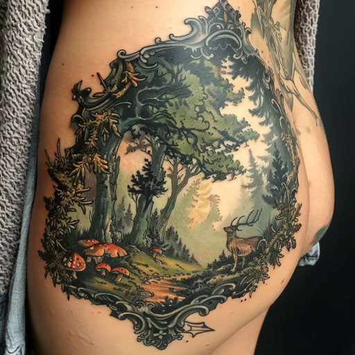 Enchanted forest scene curse mark tattoo, trees mystical creatures