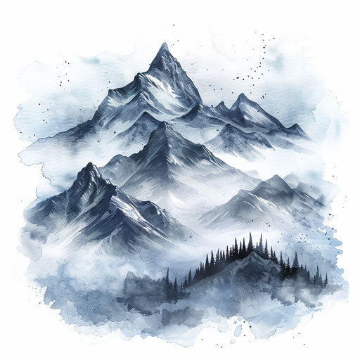 Artistic flat tattoo sketch of misty mountains with watercolor