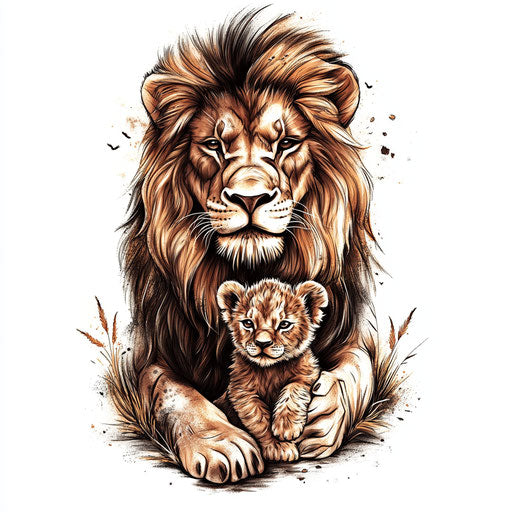 Father tattoo with lion and cub symbolizing strength and protection