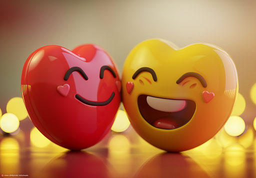 Two happy emoticons holding a heart with the words love my heart