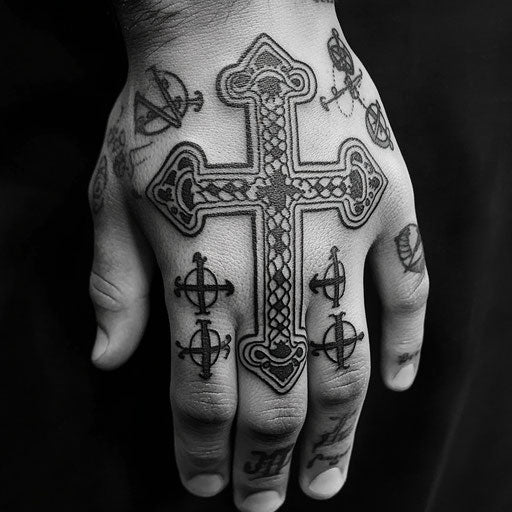 Cross tattoo on hand with nautical symbols