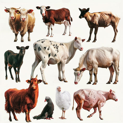 Realistic farm animals clipart on flat white background