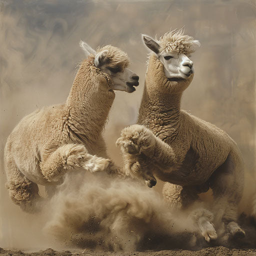 Alpacas in a playful squabble, kicking up dust with spirited energy.