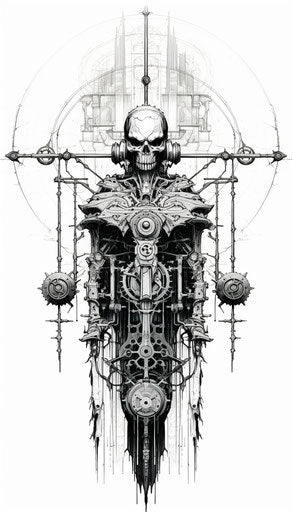 Robot with symbol in detailed necronomicon-style ink