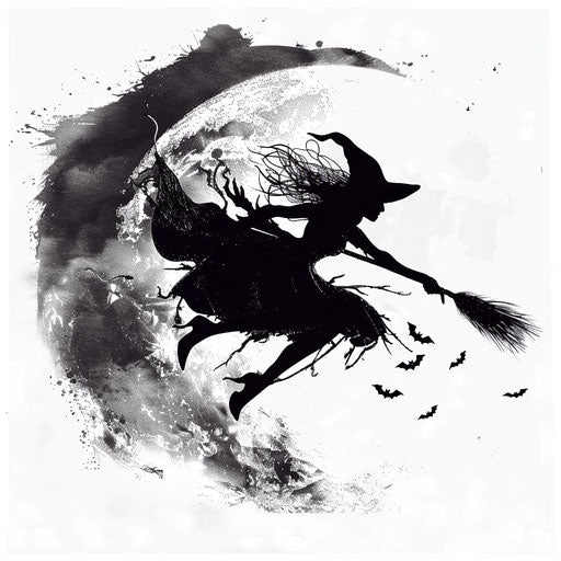 Detailed witch flying on a broom against the moon