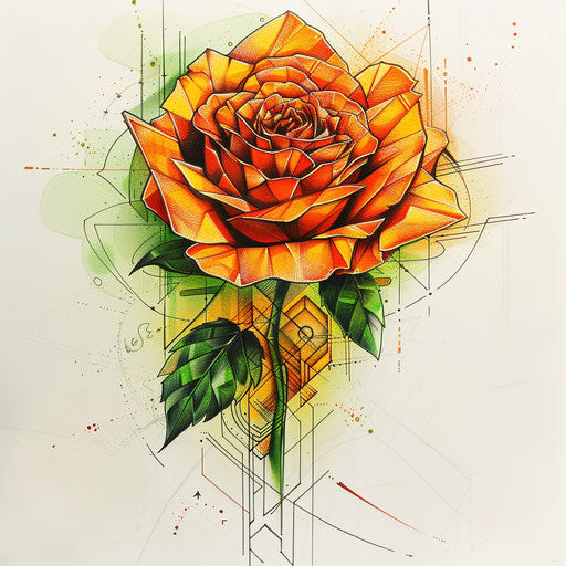 Artistic sketch of an amber rose with geometric patterns and vibrant amber and green colors in a clipart style