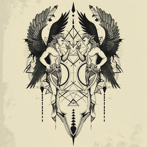 Stylized flat tattoo sketch of an angel and devil with mirrored poses, geometric patterns, dual-tone