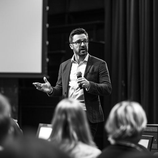 Motivational speaker engaging with audience seminar