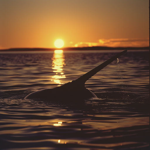Silhouette of a narwhal at dusk, its tusk illuminated by the setting sun