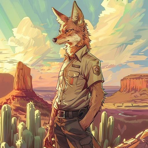 A coyote as a park ranger, guarding over a vast wilderness park.