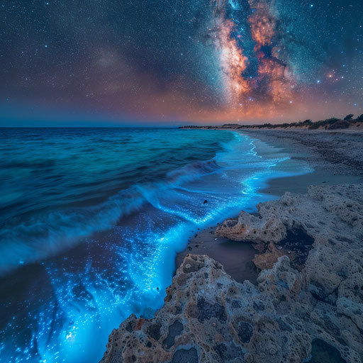 Nissi Beach, Cyprus with shimmering bioluminescent waves at night, in the style of Michael Shainblum
