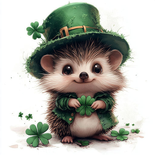 St. Patrick's Day, cute baby hedgehog in green with big hat and clovers, white background
