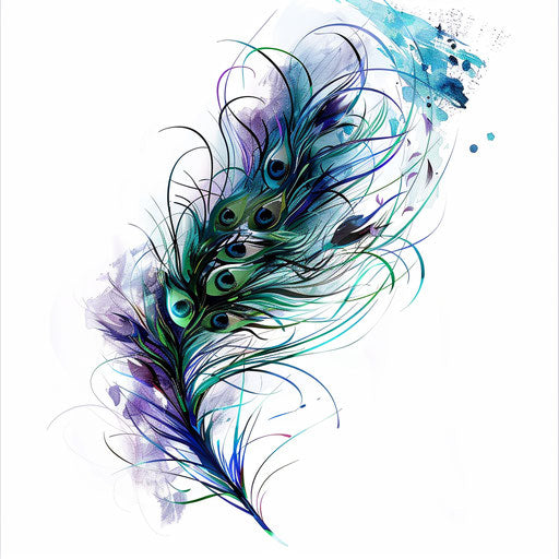 Peacock feather tattoo with jewel tones on white background