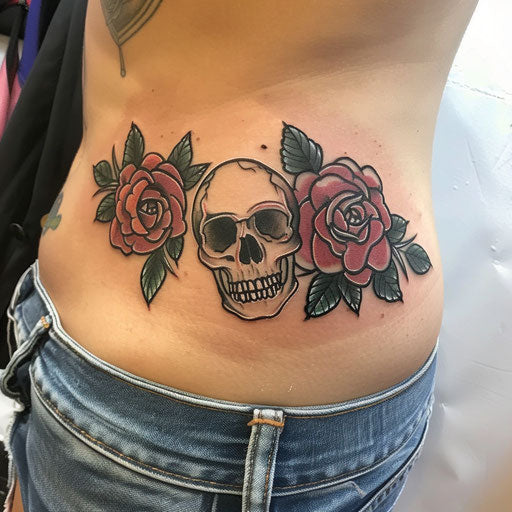 Rib tattoos of a classic skull and roses