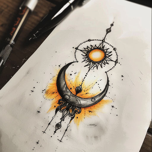 Harmonious flat tattoo sketch of sun-moon balance