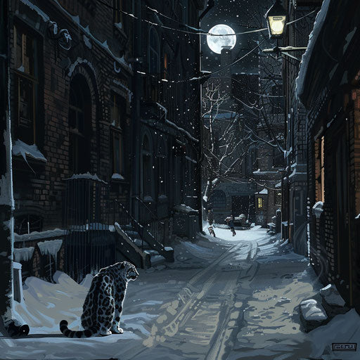 Mysterious figure in snowy alley under the moon