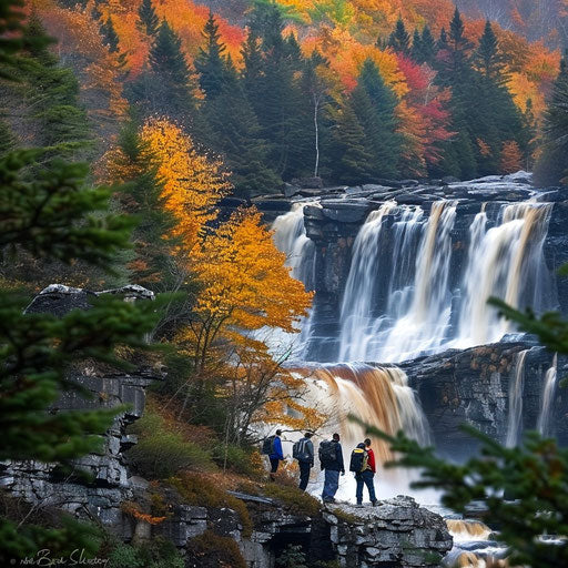 Blackwater Falls, West Virginia, with adventurous hikers in the foreground, in the style of Chris Burkard