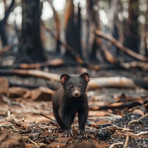 Tasmanian devil standing in the aftermath of a bushfire