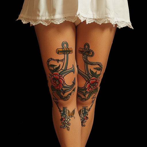 Knee tattoos in the style of Sailor Jerry showcasing a traditional anchor
